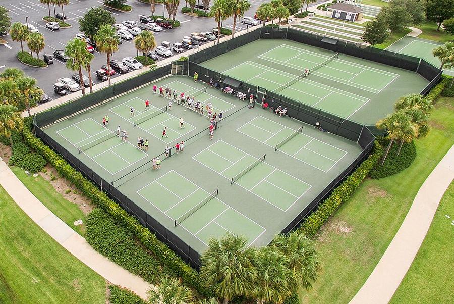 Aerial view of a full bank of outdoor pickleball courts
